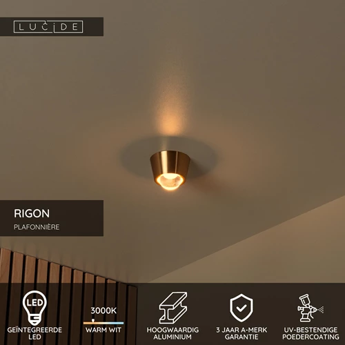 Lucide RIGON - Plafonnière - Ø 9 cm - LED - 1x7W 3000K - Mat Goud / Messing - USP